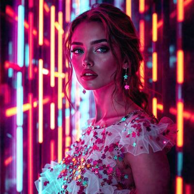The primary subject of the image is a woman wearing a pink dress. She is standing in front of a colorful background, which includes a wall with neon lights and a red background. The visual style of the image is a combination of photo and digital art, creating a vibrant and lively atmosphere. The woman's outfit and the colorful background contribute to the overall mood of the image, which is energetic and lively.